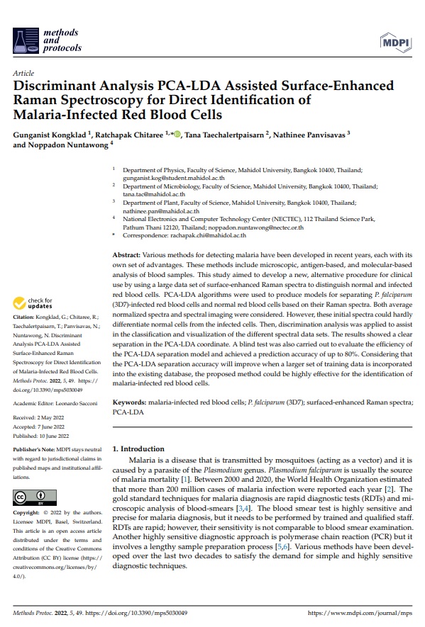 Discriminant Analysis PCA-LDA Assisted Surface-Enhanced Raman Spectroscopy for Direct Identification of Malaria-Infected Red Blood Cells