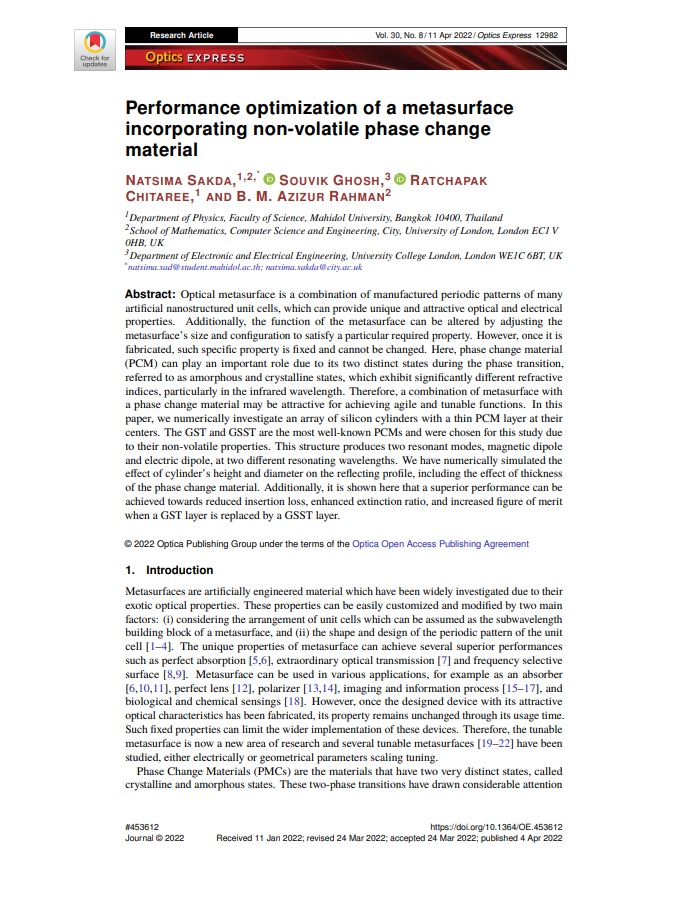 Performance optimization of a metasurface incorporating non-volatile phase change material