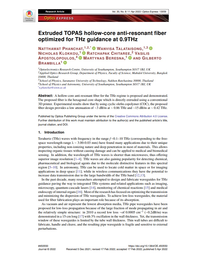 Extruded TOPAS hollow-core anti-resonant fiber optimized for THz guidance at 0.9THz